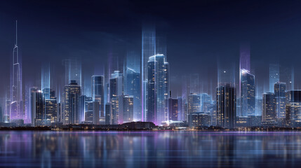 Fototapeta premium Futuristic smart city skyline at night with digital holograms and glowing skyscrapers smart city, future technology, urban lights, digital hologram, innovation