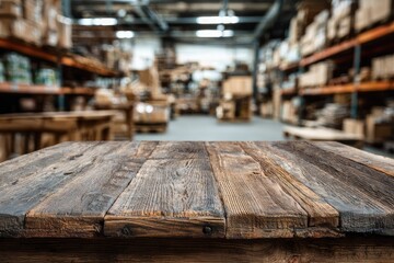 Rustic wooden table in blurred warehouse setting