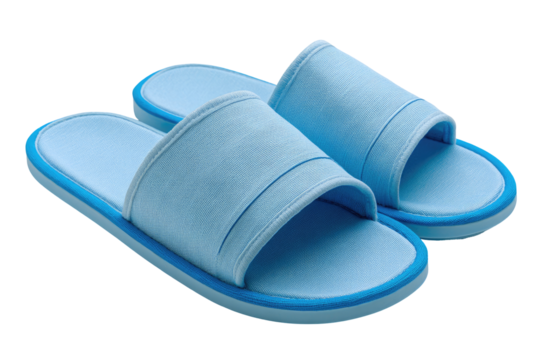 Pair of light-blue, soft-looking, simple, slip-on sandals.  The sandals have a light-blue upper with a darker-blue border.  They are positioned side-by-side, facing forward, against a black background
