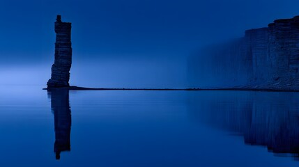A solitary rock formation stands tall on the tranquil water.
