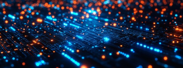 Fototapeta premium Abstract tech background with illuminated fiber optic connections, quantum computing network system electronic global intelligence