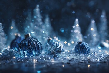 A fantasy Christmas concept with glowing blue and white ornaments nestled in crystalline snow. The background is a deep midnight blue with enchanted glowing light