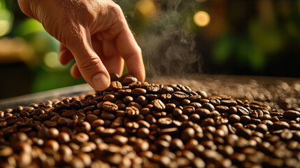 Artisanal coffee selection concept showing a hand inspecting roasted beans outdoors, highlighting craftsmanship, quality production, sustainability, and the natural environment during harvest season