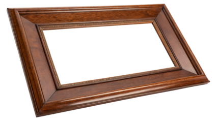 Rectangular wooden picture frame with a rich, dark brown finish. The frame has a slightly angled profile and features subtle decorative carving along its inner edge.