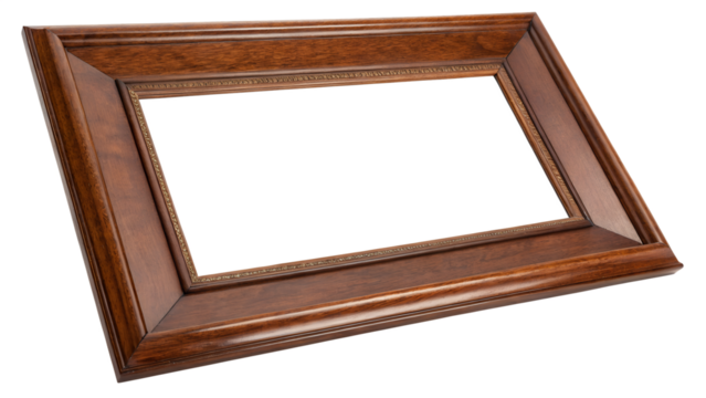 Rectangular wooden picture frame with a rich, dark brown finish. The frame has a slightly angled profile and features subtle decorative carving along its inner edge.