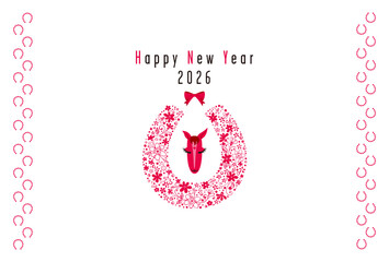 花で形どった蹄と馬の顔モチーフの2026年賀状～レッド～