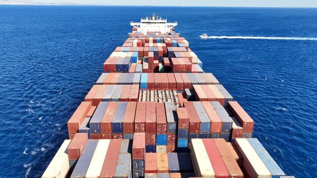 Aerial drone video over colorful truck size container ship cruising in open ocean deep blue Mediterranean sea