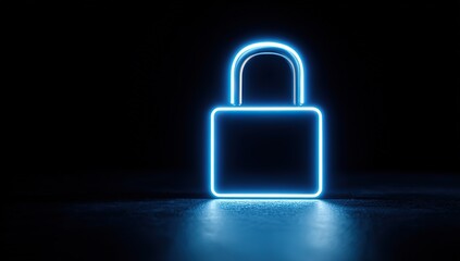 A locked icon in a blue neon style on a black background, with a simple design, high-resolution, professional photography, studio lighting, clear focus, and intricate details.
