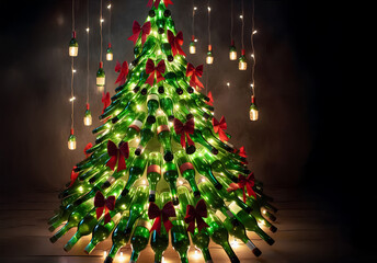 Exclusiver Weihnachtsbaum aus grünen Weinflaschen mit roten Schleifen