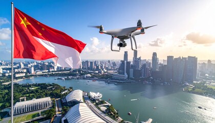 Modern Asian city skyline with national flags in a green park, showcasing urban development and national identity near a tranquil bay.