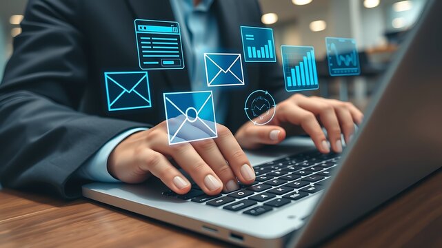 Person typing on laptop with digital interface image