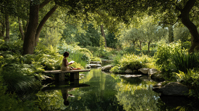 A woman finds peace in a garden, reading by a tranquil pond on a sunny day.