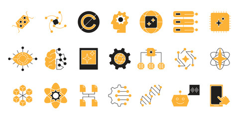 Artificial intelligence icon set, future technology for automation, assistance, prediction, suggestion and data processing deep learning