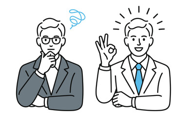 Minimal black line icon of two professionals showing thoughtful and confident gestures, symbolizing business decision-making and collaboration.