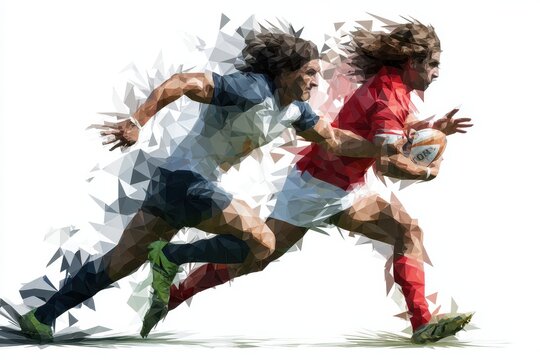 Rugby players compete in low polygonal style as one athlete sprints with the ball while being chased during an intense match on a bright day