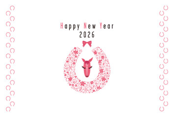 花で形どった蹄と馬の顔モチーフの2026年賀状～ピンク～