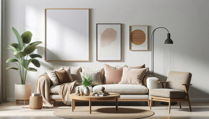Wohnraum, Minimalistisches skandinavisches Wohnzimmer mit Mock-up