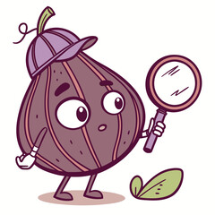A comical vector icon of a fig wearing a tiny detective hat, holding a magnifying glass.