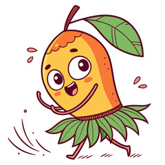 A cute vector icon of a mango wearing a hula skirt, doing a little dance