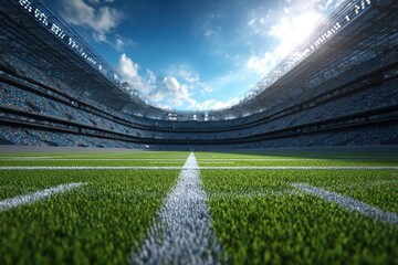 American football stadium field prepared for game during daylight with clear blue sky and seats in the background