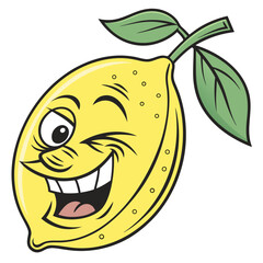 A silly vector icon of a lemon making a sour face, but with one eye playfully winking.
