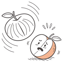 A minimalist vector icon of a peach trying to juggle its own fuzz, looking slightly overwhelmed.
