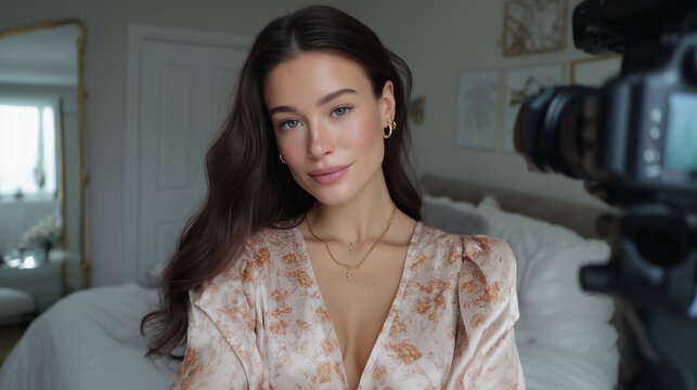 Influencer filming GRWM (get ready with me) video in stylish bedroom mirror with soft daylight GRWM, influencer lifestyle, morning routine, makeup content, bedroom vlog