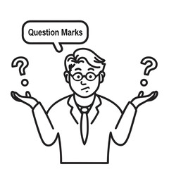 Confused Man Shrugging Surrounded by Question Marks Expressing Uncertainty and Indecision in a Black and White Line Art Style