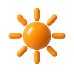 3D bright orange sun icon with glossy rounded rays, isolated on transparent background