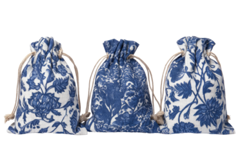 Three drawstring bags,  floral pattern in blue and white