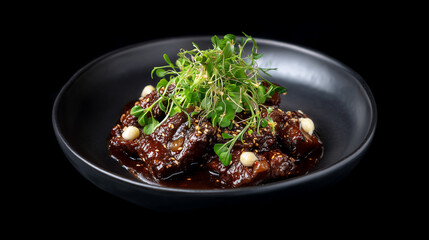 Korean fine dining dish of galbi-jjim with microgreens, served in modern black ceramic bowl Korean cuisine, galbi jjim, gourmet food, modern Korean, Michelin plating