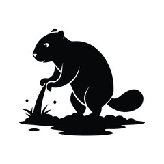 Silhouette of a beaver diligently constructing a dam on a clean white background