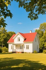 White House with Red Roof Surrounded by Lush Greenery