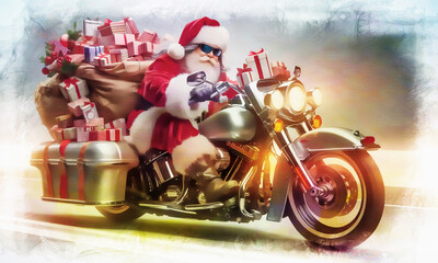 Nikolaus , Weihnachtsmann mit Geschenken auf einem schnellen Motorrad