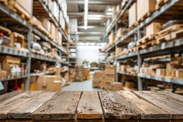 Rustic wooden surface in a blurred warehouse