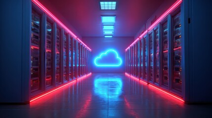 A futuristic data center hallway with neon lighting and a glowing cloud symbol, representing cloud computing and modern technology infrastructure