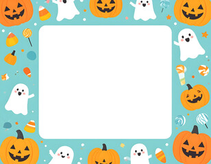 A vibrant Halloween-themed background with pumpkins, ghosts, and candy surrounding a blank rectangle