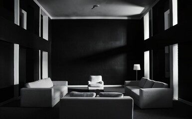 Minimalist modern living room with dark walls and natural light