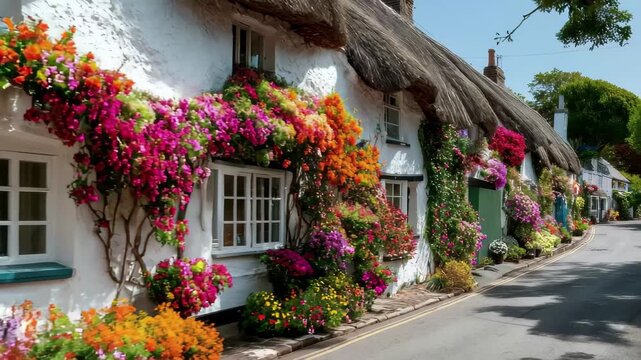 Flowery thatched cottages sunny street scene idyllic village, 4k video footage