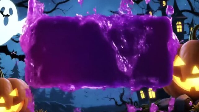 A spooky halloween scene with a bubbling purple potion in a cauldron, a ghost, and pumpkins 4k video