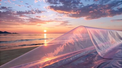 Surreal Beach Sunset with Translucent Fabric and Vibrant Sky Reflections a Dreamlike Seascape Painting an Abstract Visual Story