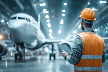 An engineer in a safety vest and helmet inspects an airplane inside a well-lit aircraft hangar with a tablet in hand