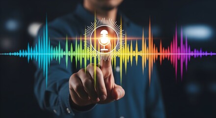 A visual representation of speech technology, where a hand interacts with a central microphone symbol surrounded by dynamic sound waves.