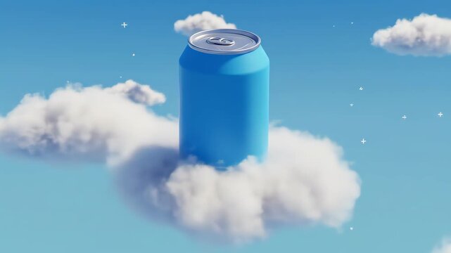 Soda can cartoon a vibrant blue soda can rests gently on a fluffy white cloud, set against a backdrop of a clear blue sky dotted with twinkling stars