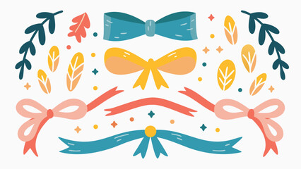 bows and ribbons in various colors with leaves and stars decoration scattered around