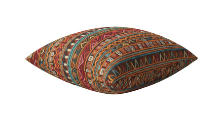 Colorful tribal pattern pillow with geometric designs on transparent background