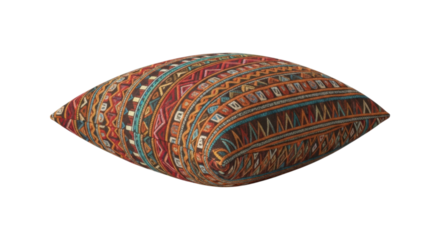 Colorful tribal pattern pillow with geometric designs on transparent background