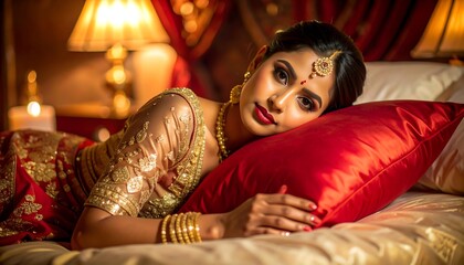 A woman in a red and gold sari reclines on a red pillow, resting her head and arm