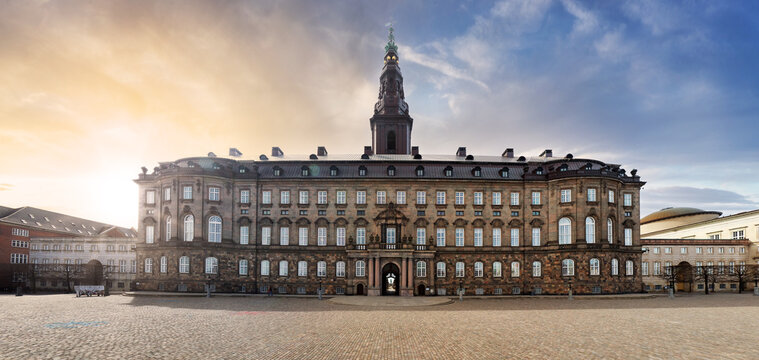 Copenhagen, Denmark with Christianborg palace, Danish Parliament and city downtown.