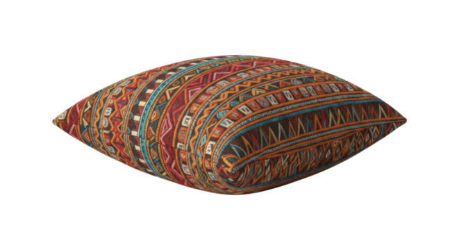 Colorful tribal pattern pillow with geometric designs on transparent background